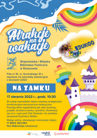 Grafika promująca warsztaty edukacyjne z klockami LEGO w Filii nr 16